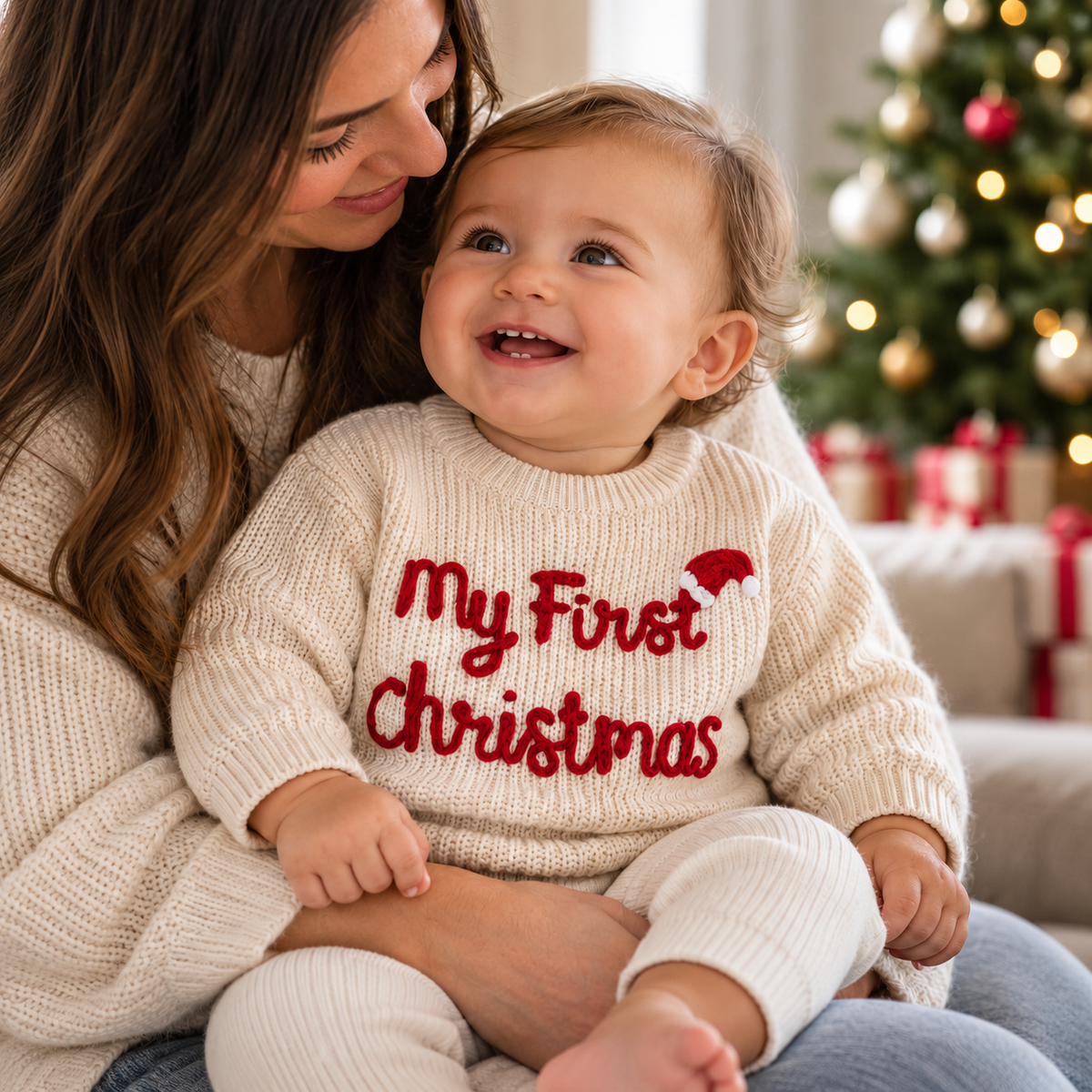 Un premier Noël en famille, bébé dans les bras de sa maman